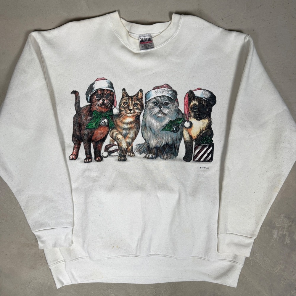 Vintage Oneita Power-Sweats Christmas Cats Crewneck White XL‎ Made in USA 90s